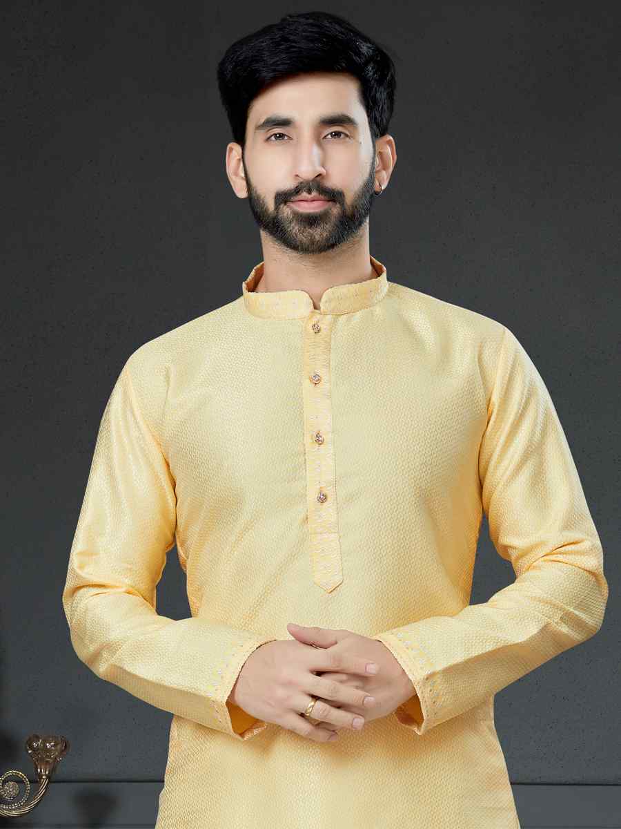 Yellow Silk Jacquard Woven Festival Kurta