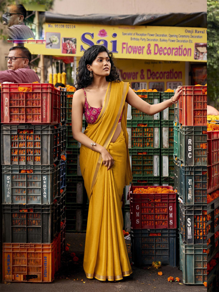 Image of Yellow Silk Plain Casual Party Festival Wedding Fancy Classic Style Sarees