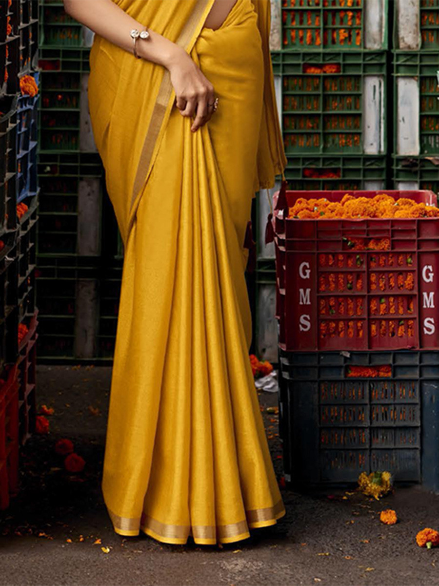 Yellow Silk Plain Casual Party Festival Wedding Fancy Classic Style Sarees