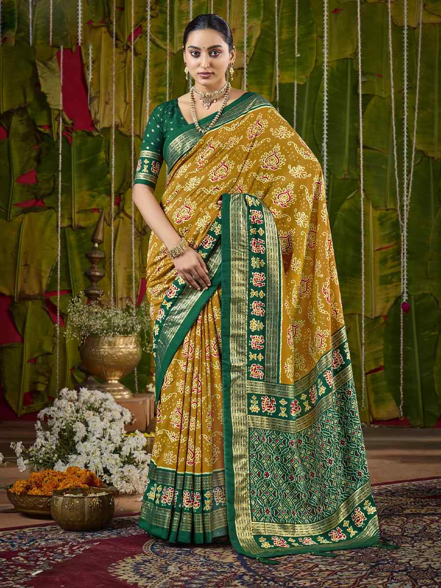 Yellow Silk Printed Bridal Reception Festival Wedding Fancy Heavy Border Saree