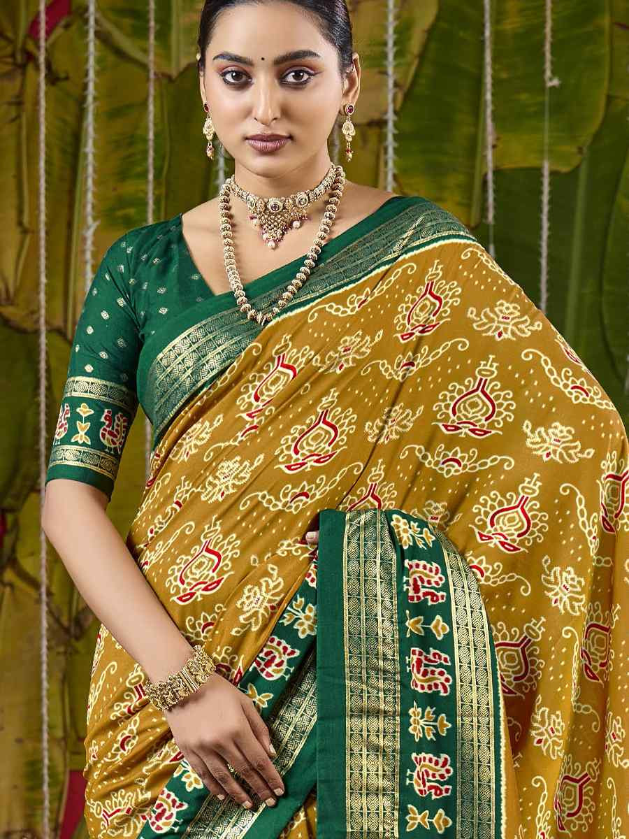 Yellow Silk Printed Bridal Reception Festival Wedding Fancy Heavy Border Saree
