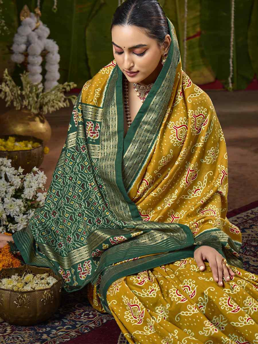 Yellow Silk Printed Bridal Reception Festival Wedding Fancy Heavy Border Saree
