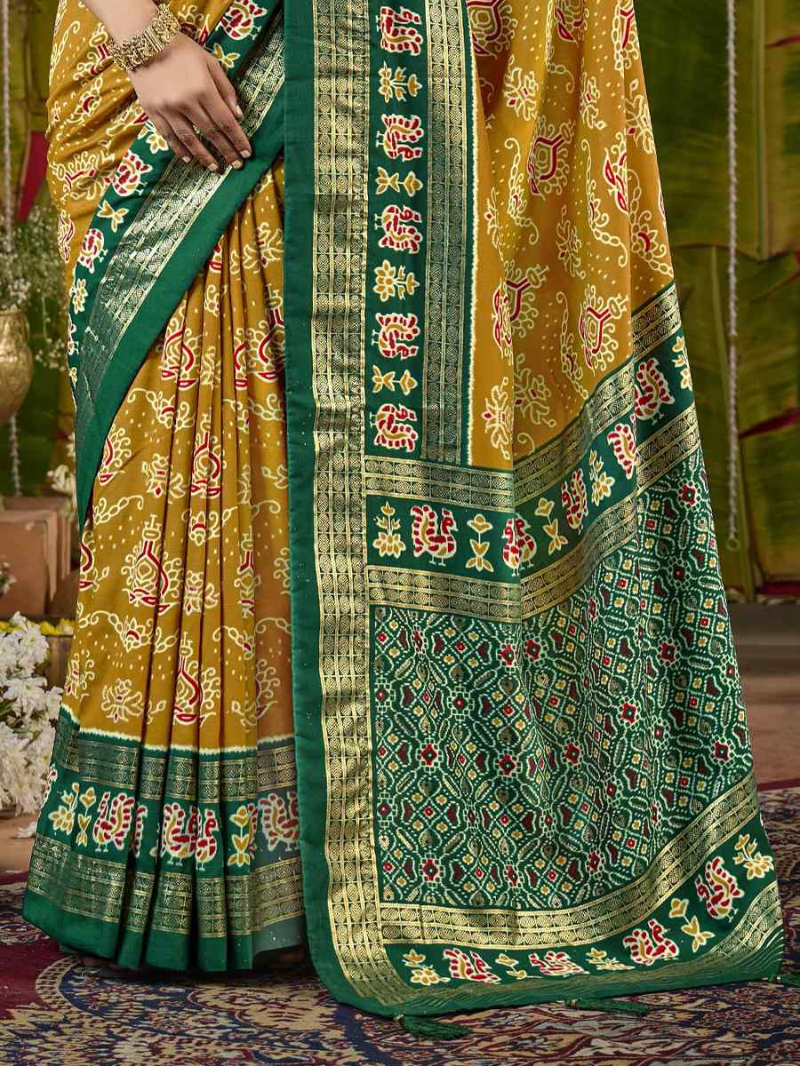 Yellow Silk Printed Bridal Reception Festival Wedding Fancy Heavy Border Saree