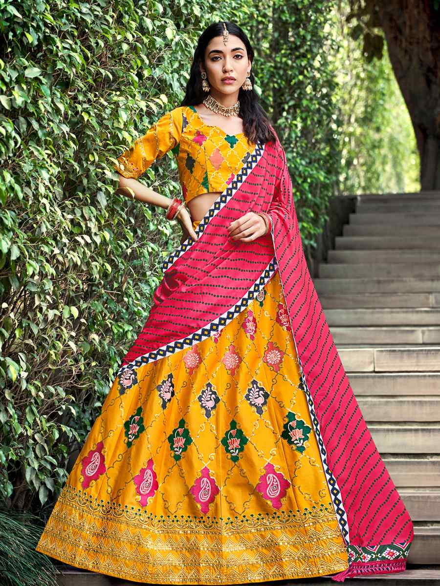 Yellow Silk Printed Festival Party Wear Circular Lehenga Choli