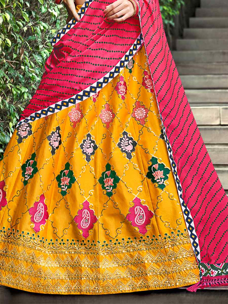 Yellow Silk Printed Festival Party Wear Circular Lehenga Choli