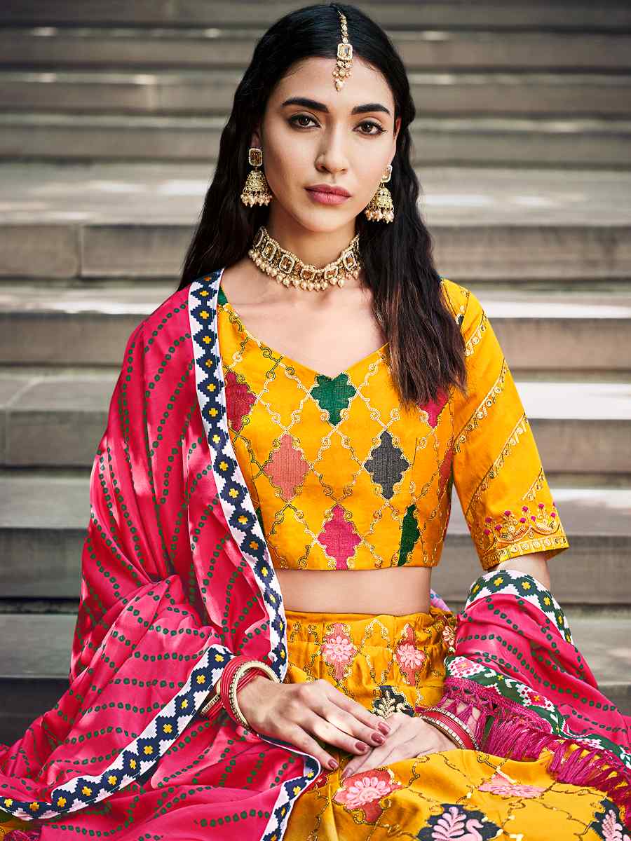 Yellow Silk Printed Festival Party Wear Circular Lehenga Choli