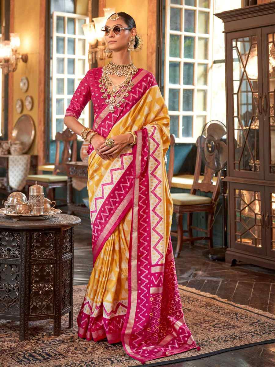 Yellow Silk Printed Festival Wedding Fancy Heavy Border Saree
