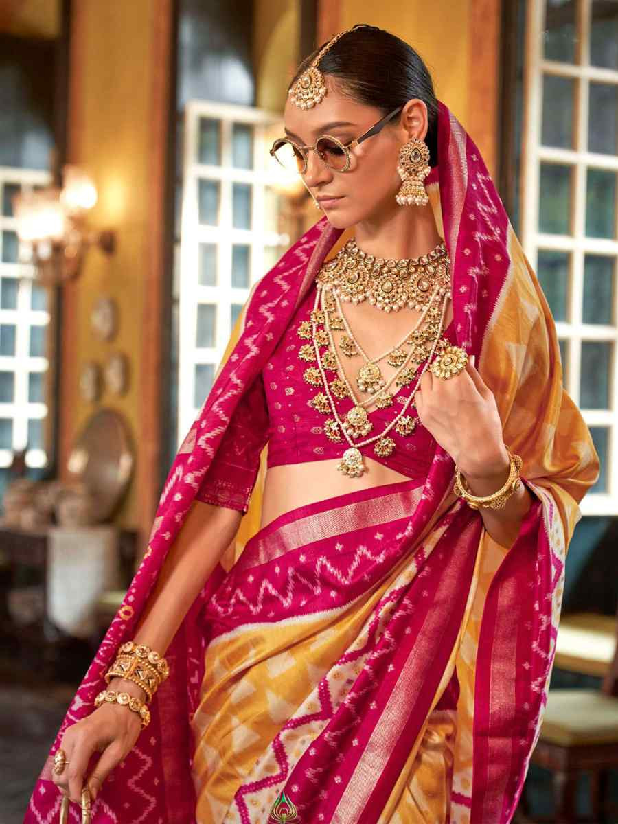 Yellow Silk Printed Festival Wedding Fancy Heavy Border Saree