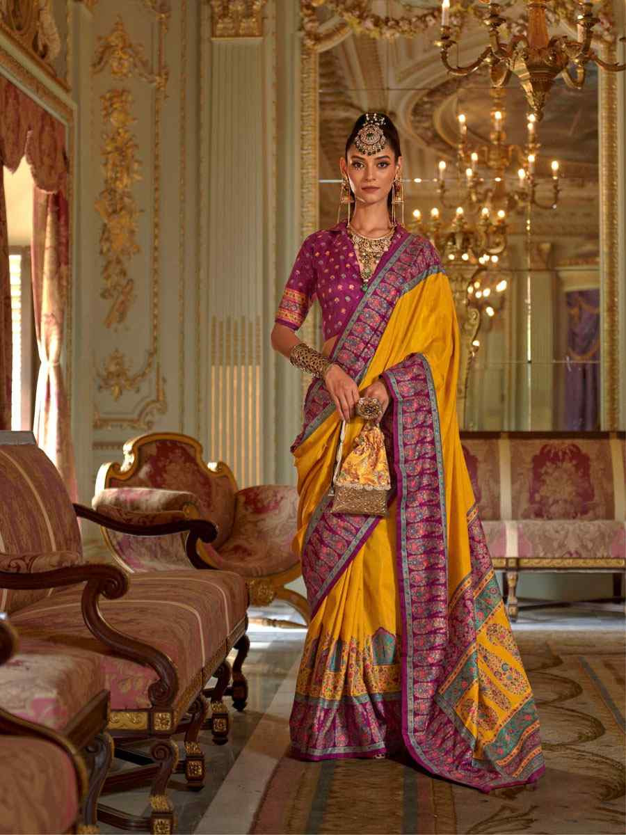 Yellow Silk Printed Festival Wedding Fancy Heavy Border Saree