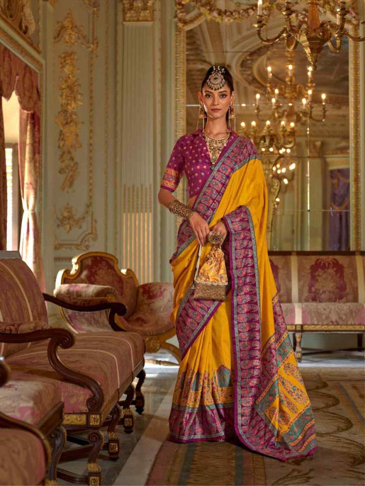 Image of Yellow Silk Printed Festival Wedding Fancy Heavy Border Saree