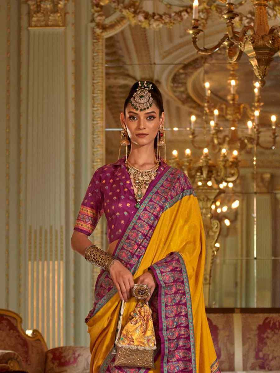 Yellow Silk Printed Festival Wedding Fancy Heavy Border Saree