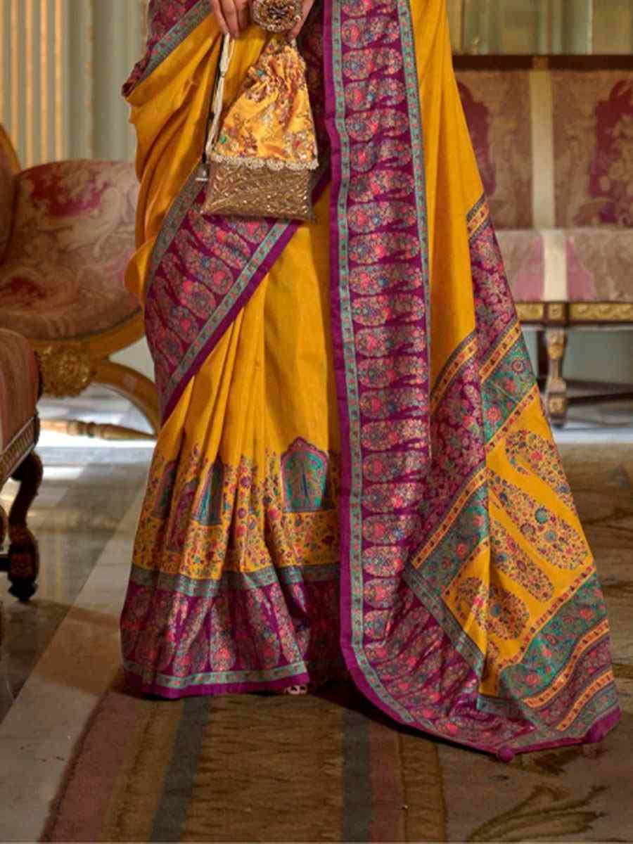 Yellow Silk Printed Festival Wedding Fancy Heavy Border Saree