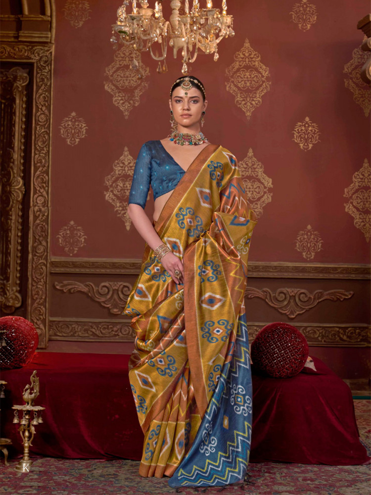 Image of Yellow Silk Printed Party Reception Casual Wedding Contemporary Sarees