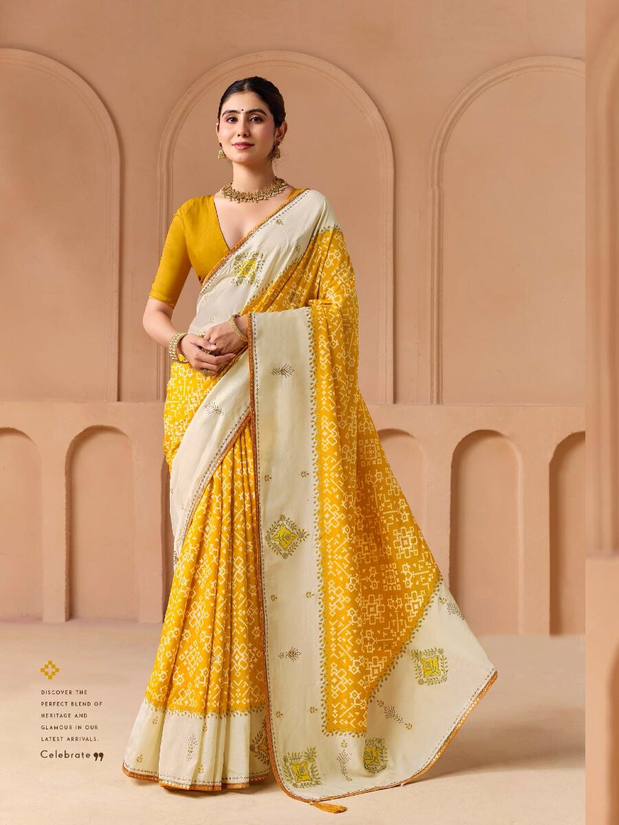 Yellow Silk Printed Stone Work Wedding Reception Party Festival Casual Heavy Border Sarees