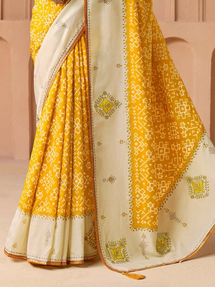 Yellow Silk Printed Stone Work Wedding Reception Party Festival Casual Heavy Border Sarees
