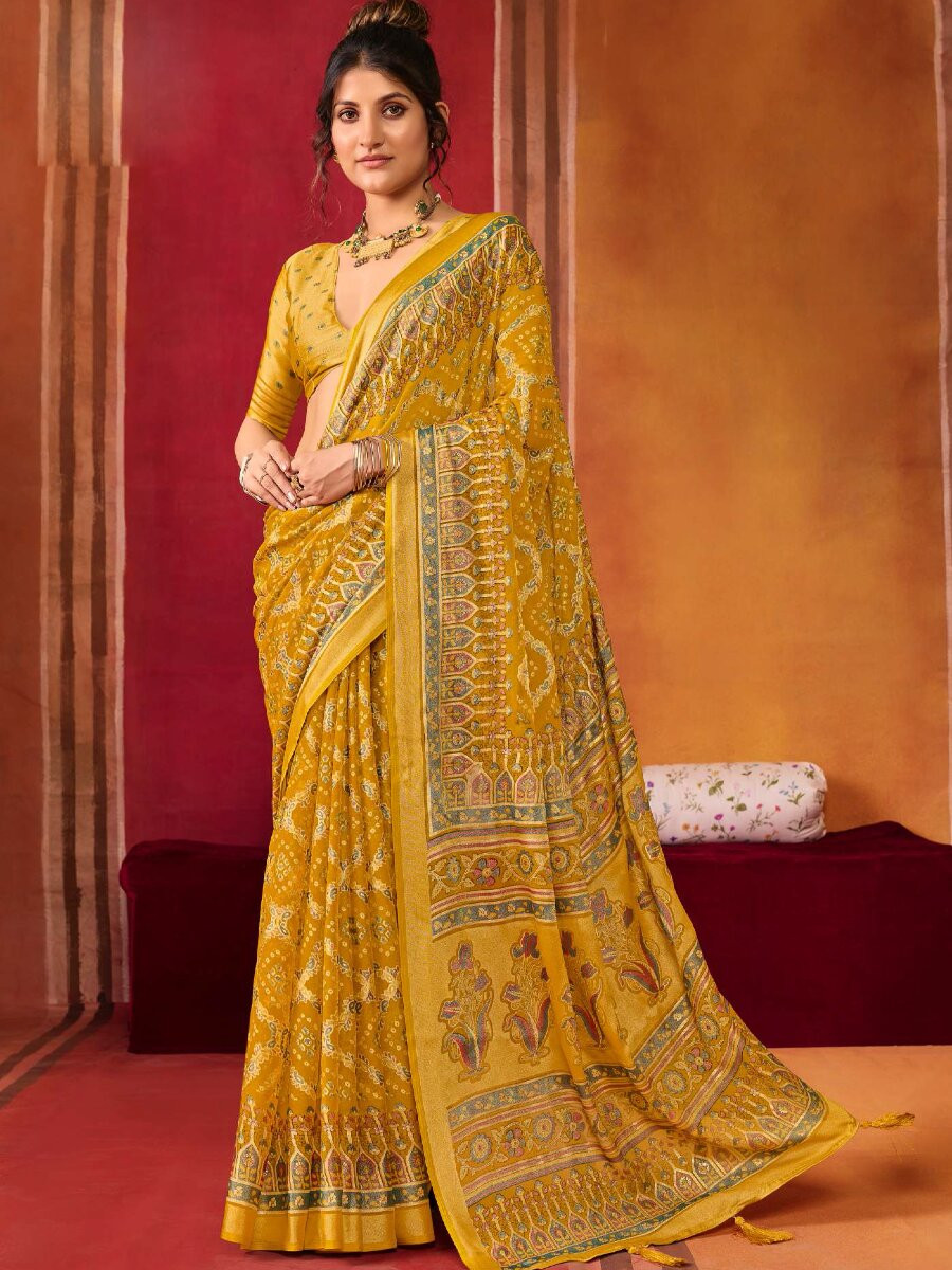Yellow Silk Printed Wedding Reception Party Festival Casual Heavy Border Sarees