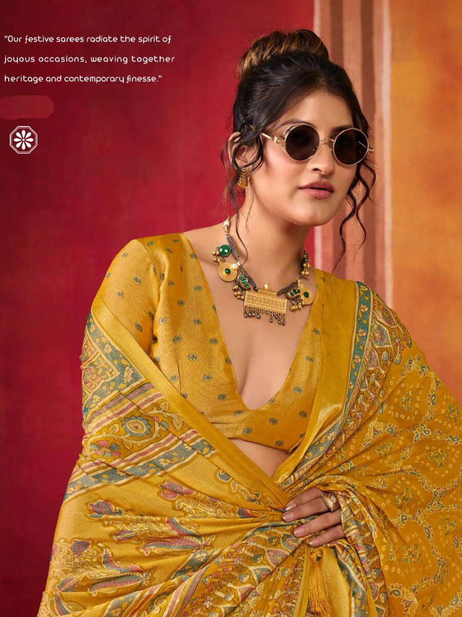 Yellow Silk Printed Wedding Reception Party Festival Casual Heavy Border Sarees