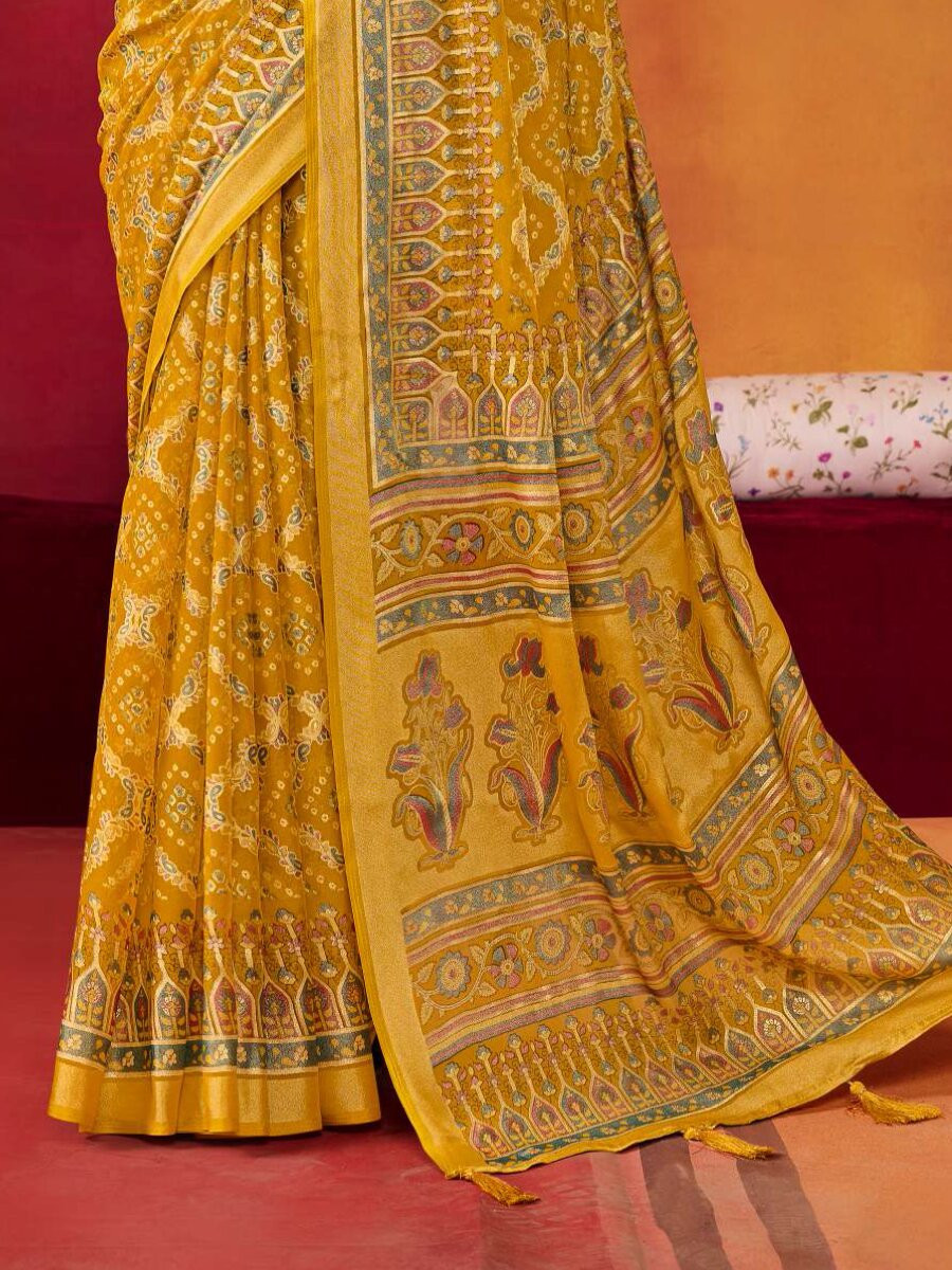 Yellow Silk Printed Wedding Reception Party Festival Casual Heavy Border Sarees