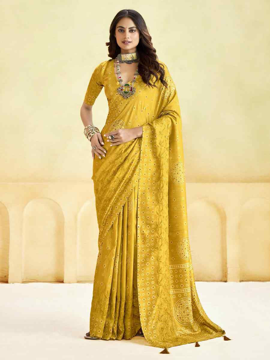 Yellow Silk Printed with Handwoven Festival Wedding Fancy Heavy Border Saree