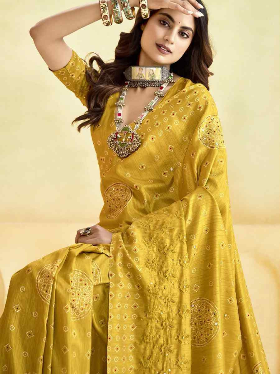 Yellow Silk Printed with Handwoven Festival Wedding Fancy Heavy Border Saree