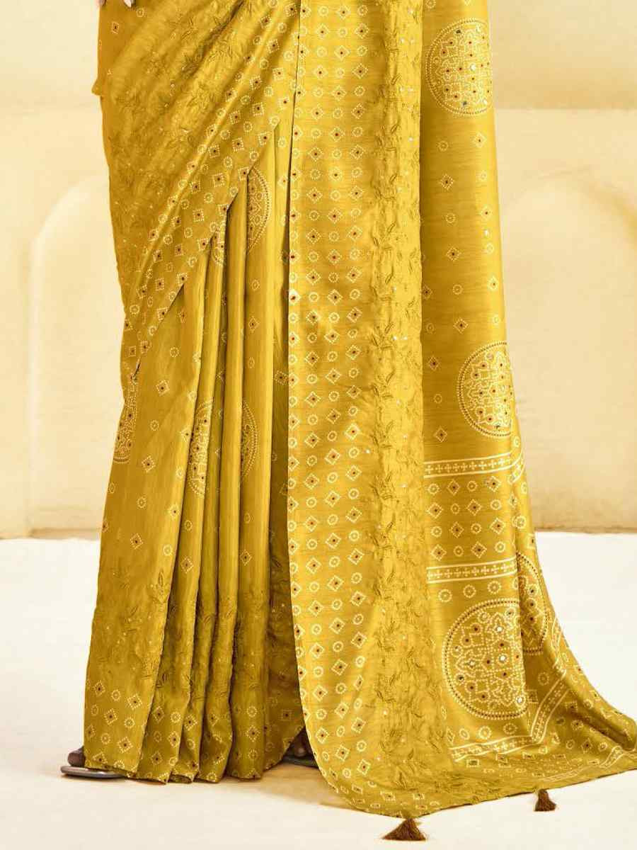 Yellow Silk Printed with Handwoven Festival Wedding Fancy Heavy Border Saree