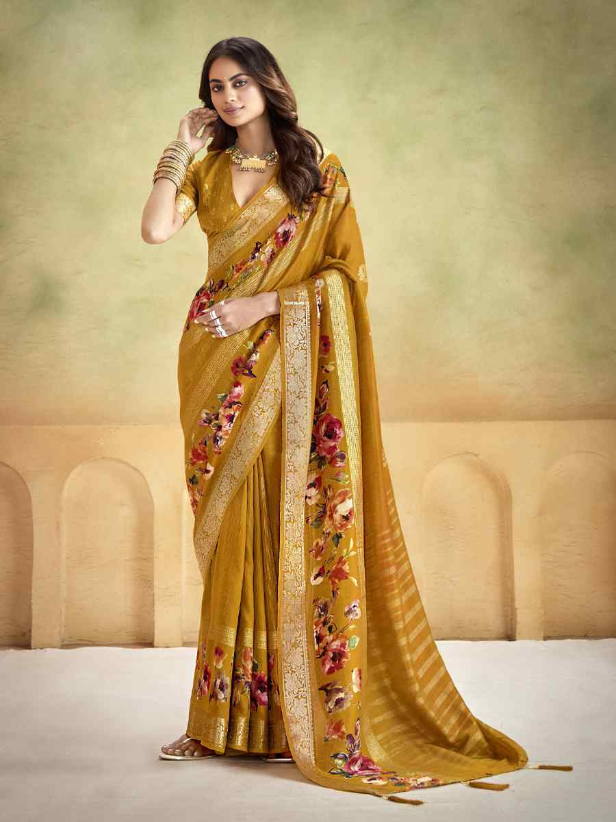 Yellow Silk Printed with Handwoven Festival Wedding Fancy Heavy Border Saree