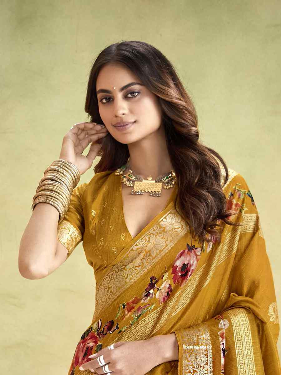 Yellow Silk Printed with Handwoven Festival Wedding Fancy Heavy Border Saree