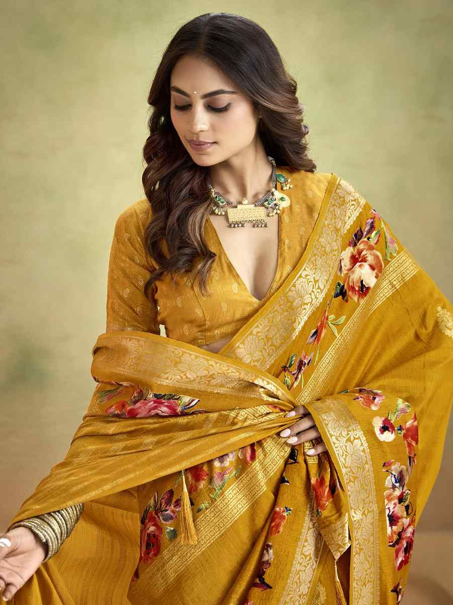 Yellow Silk Printed with Handwoven Festival Wedding Fancy Heavy Border Saree