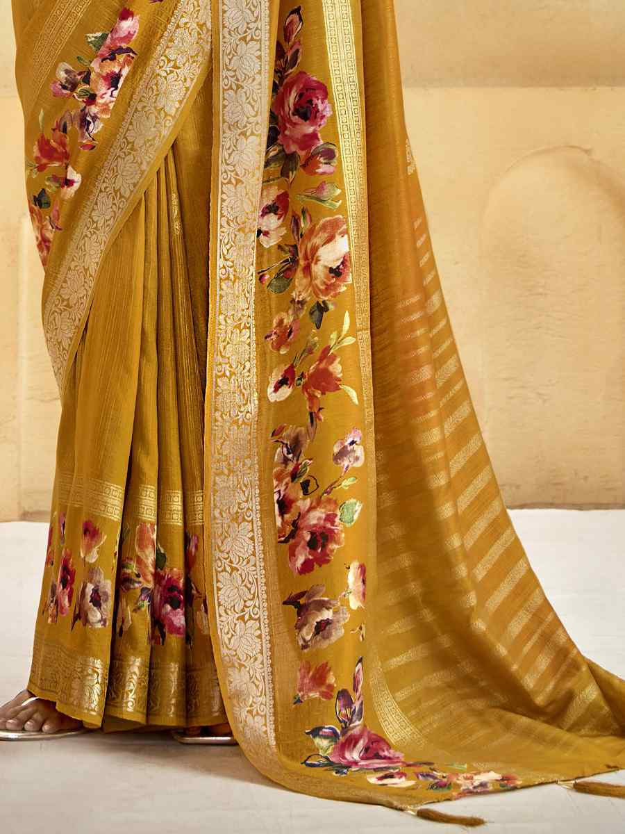 Yellow Silk Printed with Handwoven Festival Wedding Fancy Heavy Border Saree