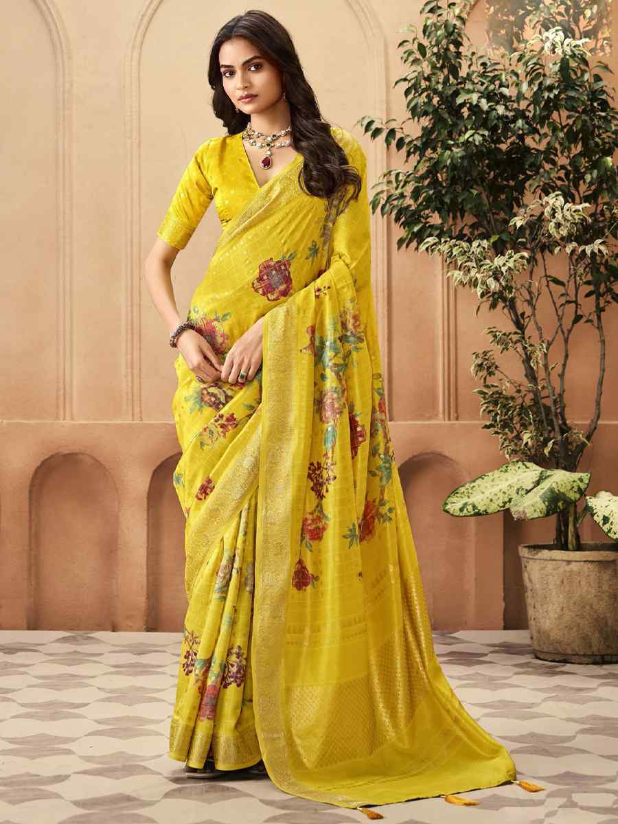 Yellow Silk Printed with Handwoven Festival Wedding Fancy Heavy Border Saree