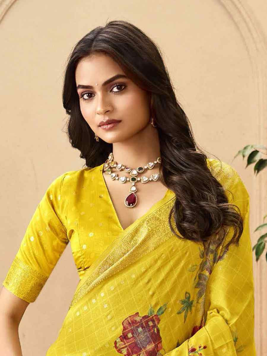 Yellow Silk Printed with Handwoven Festival Wedding Fancy Heavy Border Saree