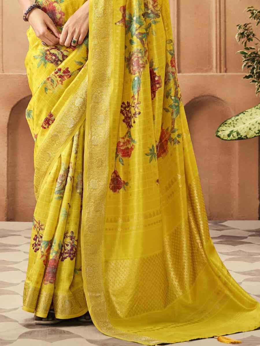 Yellow Silk Printed with Handwoven Festival Wedding Fancy Heavy Border Saree
