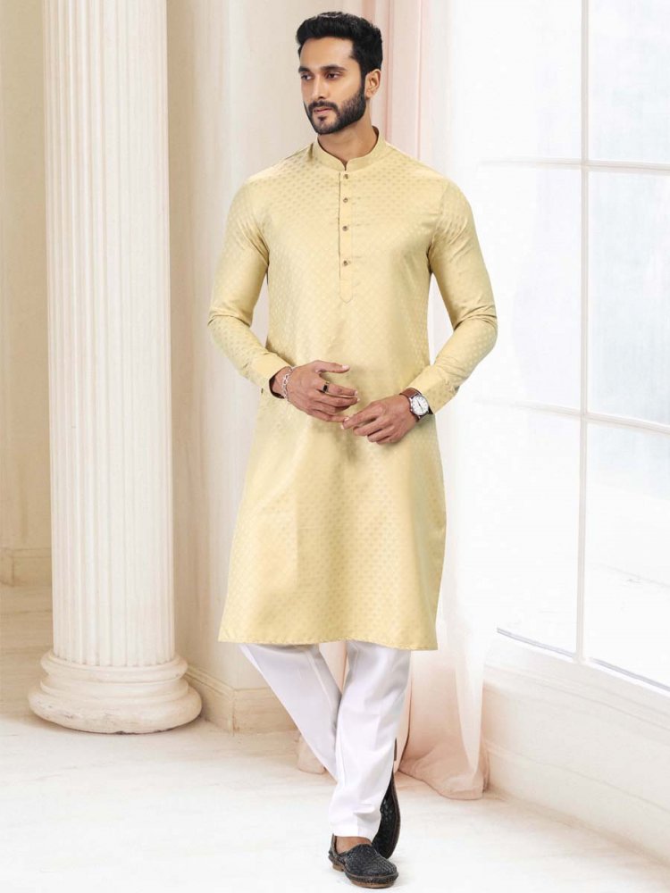 Yellow Silk Woven Festival Casual Kurta
