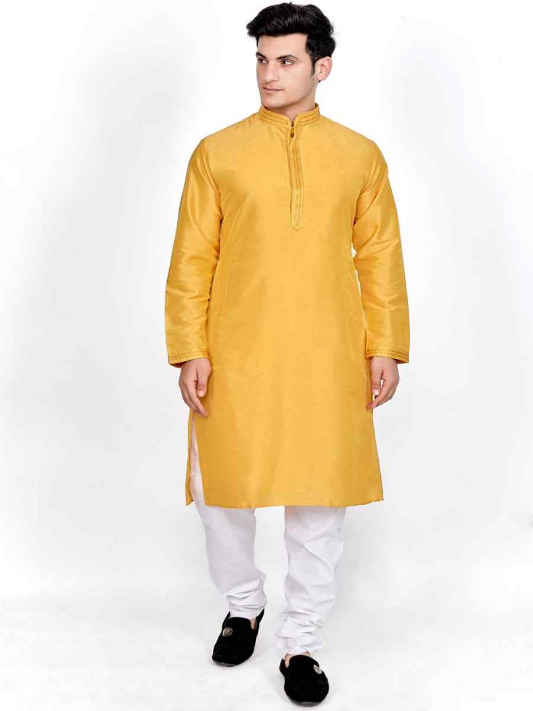 Yellow Silk Woven Festival Kurta
