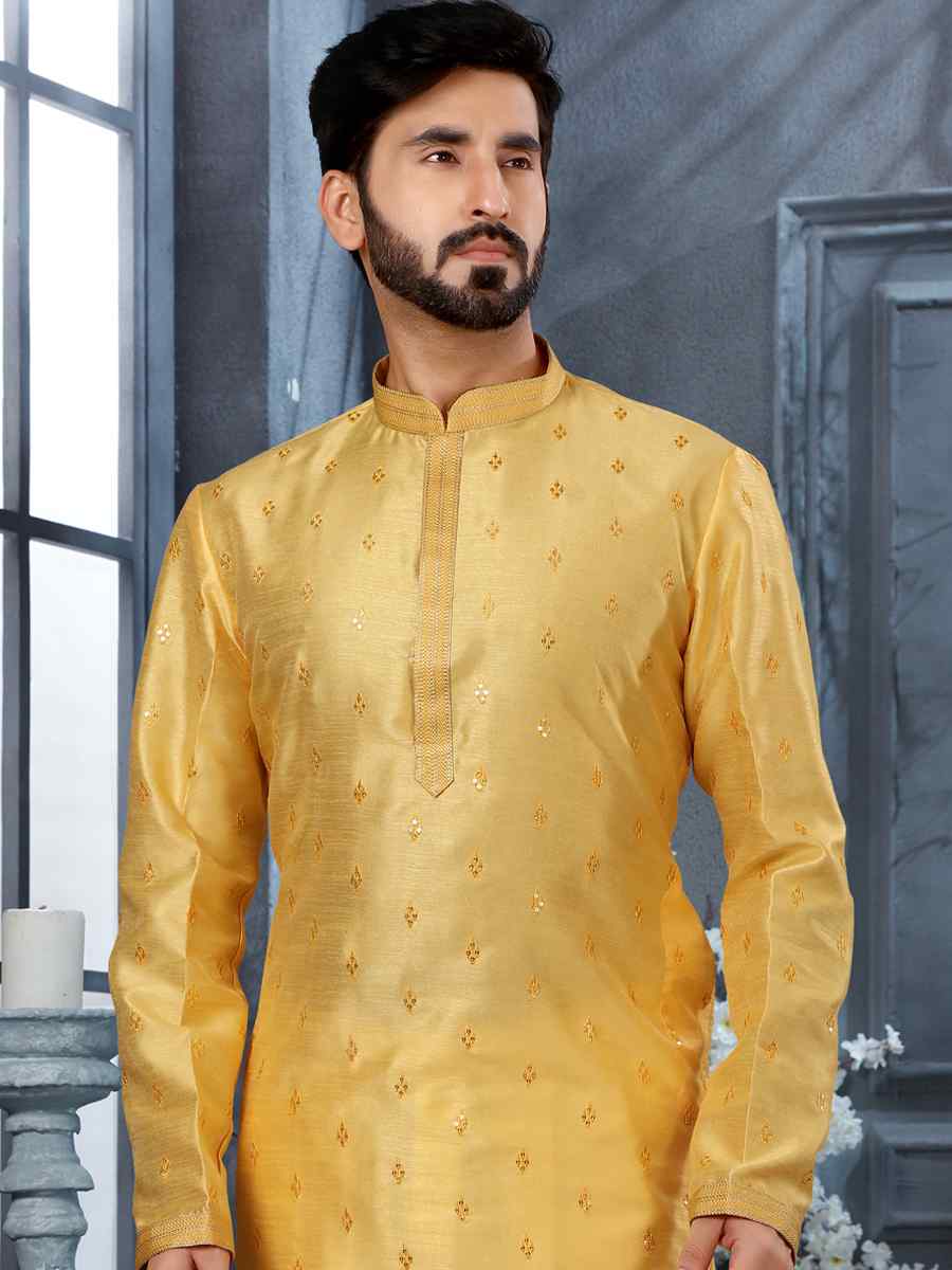 Yellow Silk Woven Festival Party Kurta