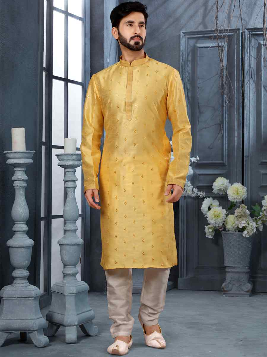 Yellow Silk Woven Festival Party Kurta