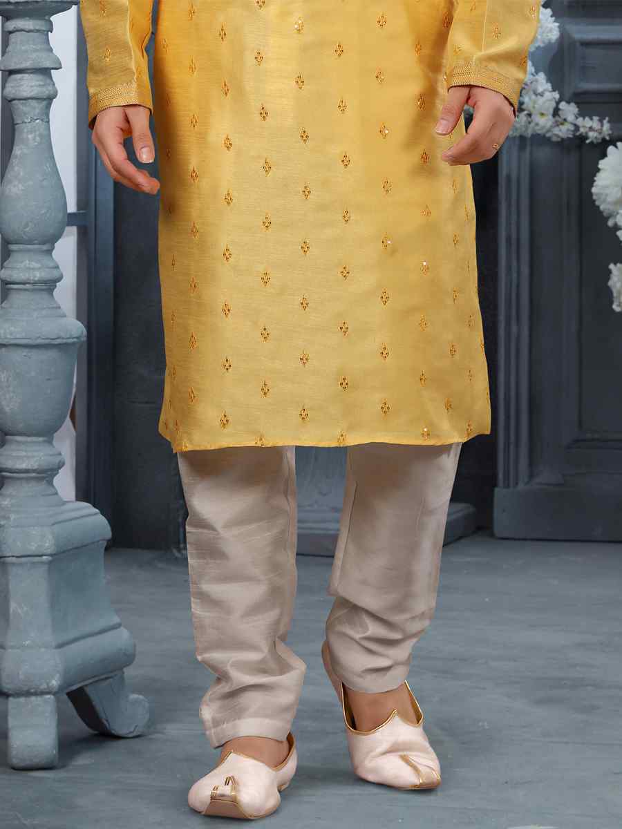 Yellow Silk Woven Festival Party Kurta