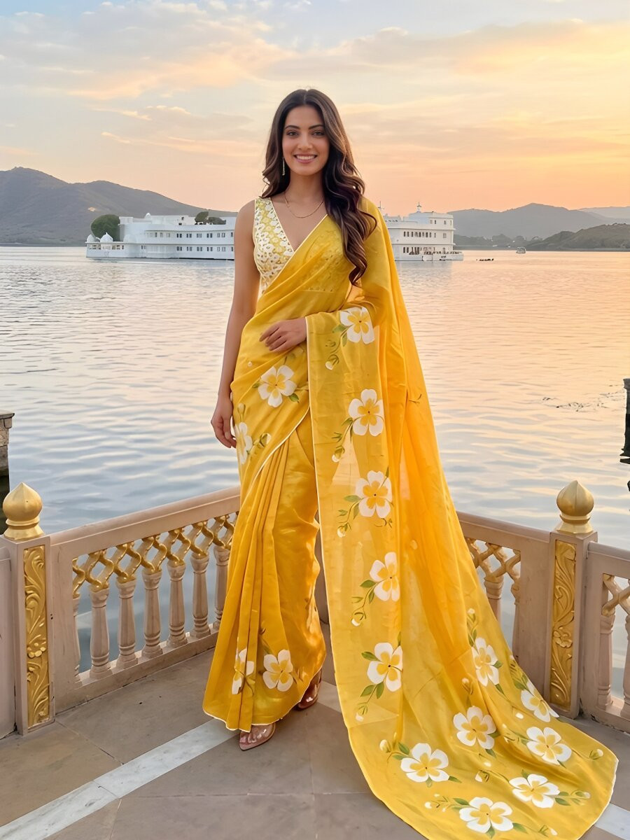 Yellow Silver Cotton Printed Wedding Reception Party Festival Casual Heavy Border Sarees