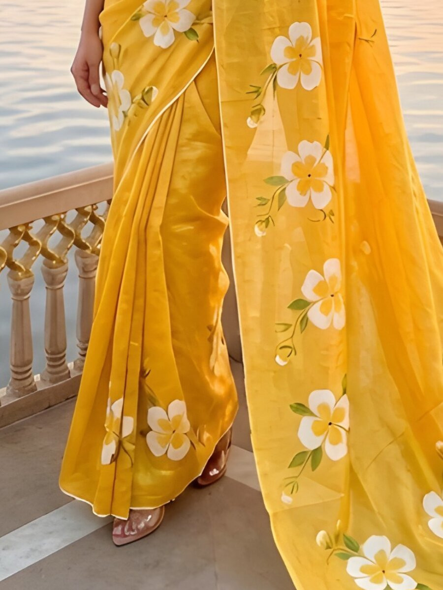 Yellow Silver Cotton Printed Wedding Reception Party Festival Casual Heavy Border Sarees