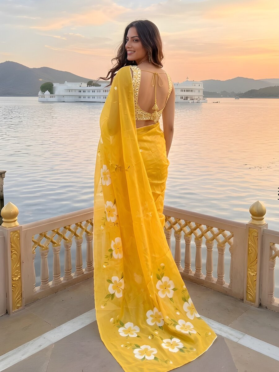 Yellow Silver Cotton Printed Wedding Reception Party Festival Casual Heavy Border Sarees