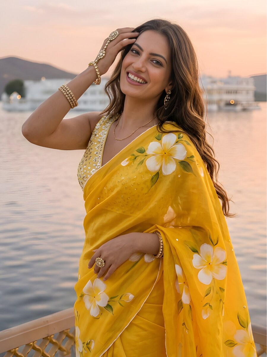 Yellow Silver Cotton Printed Wedding Reception Party Festival Casual Heavy Border Sarees