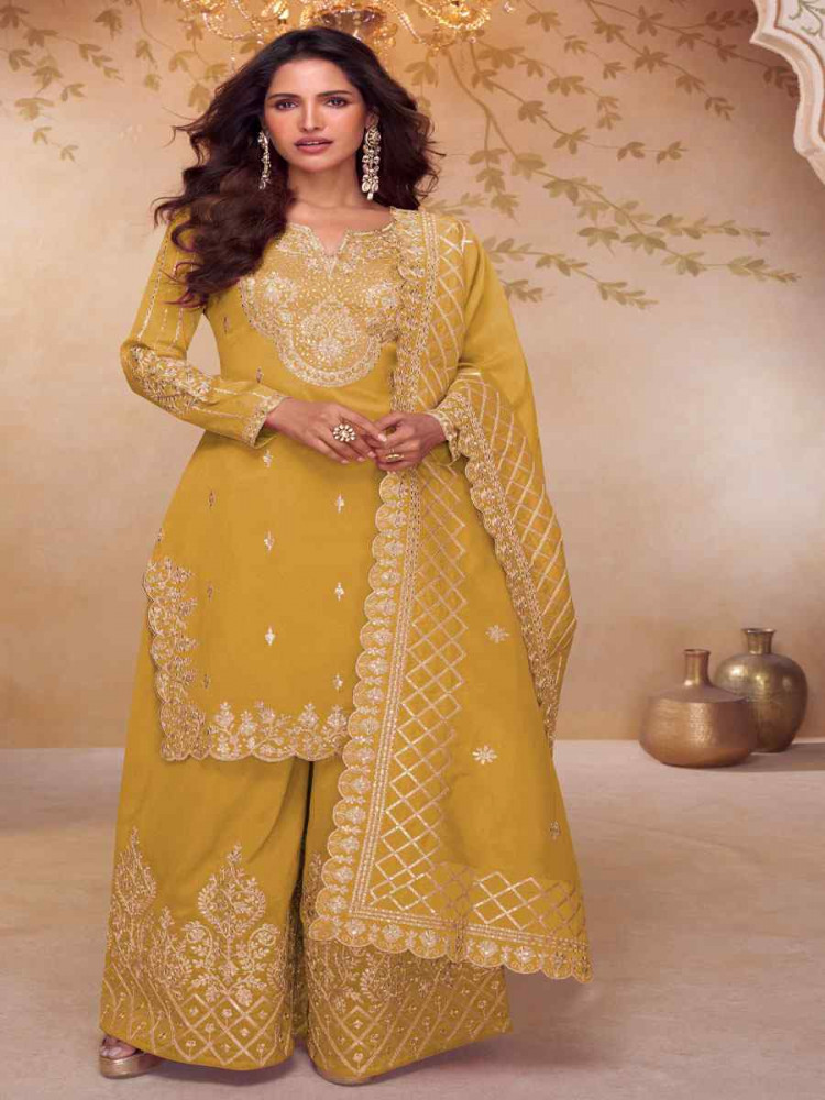 Image of Yellow Simar Silk Embroidery Party Wedding Festival Casual Ready Palazzo Pant Salwar Kameez