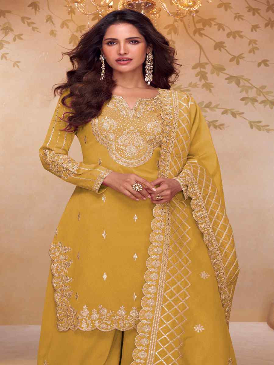 Yellow Simar Silk Embroidery Party Wedding Festival Casual Ready Palazzo Pant Salwar Kameez