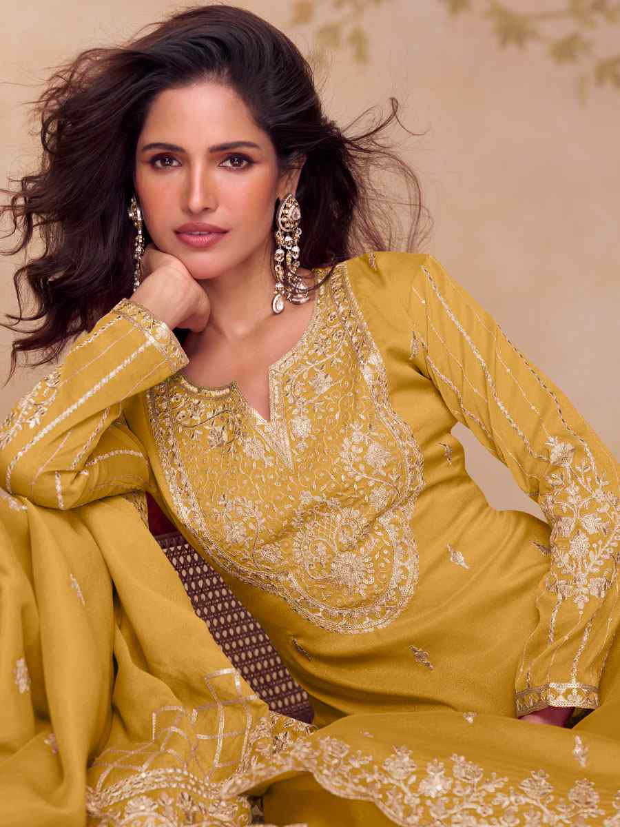 Yellow Simar Silk Embroidery Party Wedding Festival Casual Ready Palazzo Pant Salwar Kameez