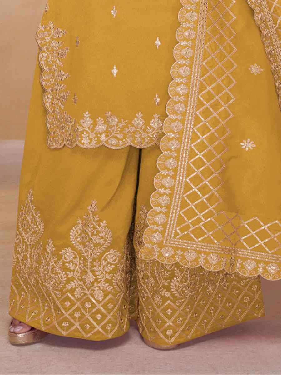 Yellow Simar Silk Embroidery Party Wedding Festival Casual Ready Palazzo Pant Salwar Kameez