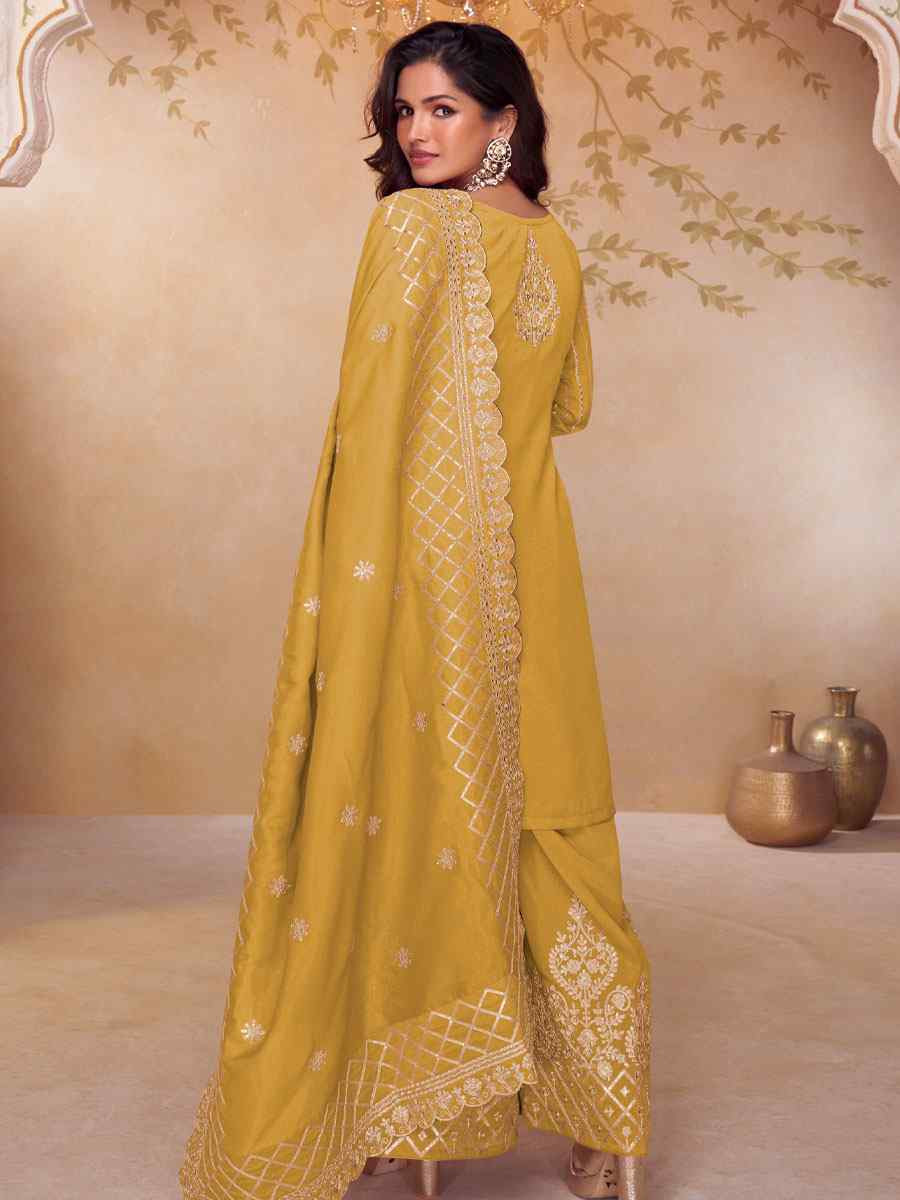 Yellow Simar Silk Embroidery Party Wedding Festival Casual Ready Palazzo Pant Salwar Kameez