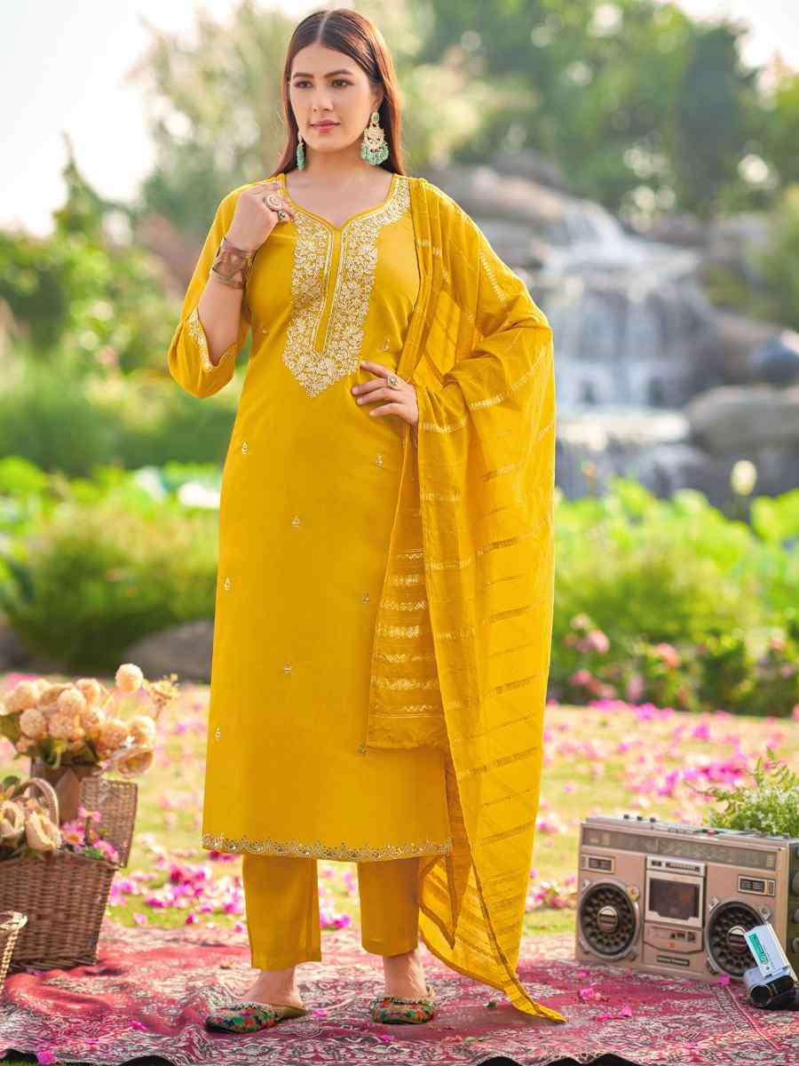 Yellow Simmer Silk Embroidered Party Wedding Ready Pant Salwar Kameez