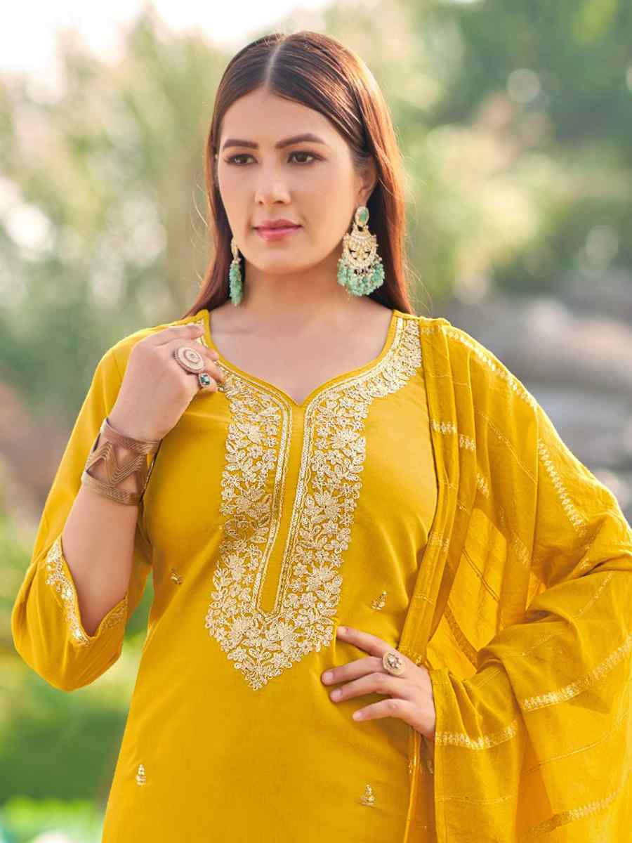 Yellow Simmer Silk Embroidered Party Wedding Ready Pant Salwar Kameez