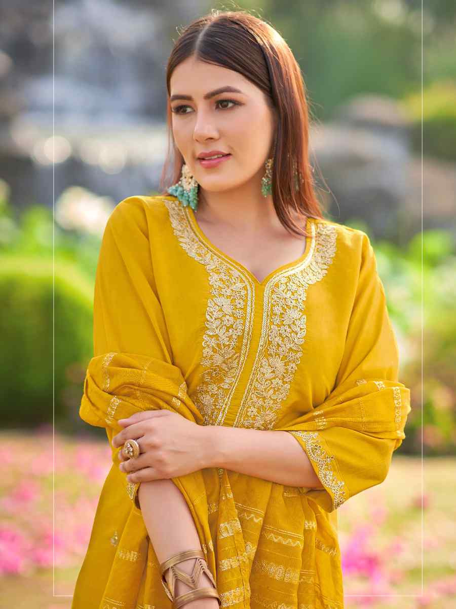 Yellow Simmer Silk Embroidered Party Wedding Ready Pant Salwar Kameez