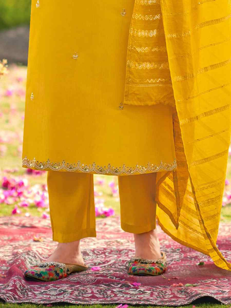 Yellow Simmer Silk Embroidered Party Wedding Ready Pant Salwar Kameez